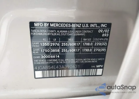 2003 Mercedes-Benz Ml 320 из США, поврежденный, VIN 4JGAB54E43A390631